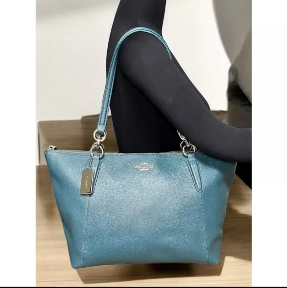 *SOLD* Coach Ava Teal Metallic Glitter Leather Bag Tote Peacock Aqua - Picture 7 of 12